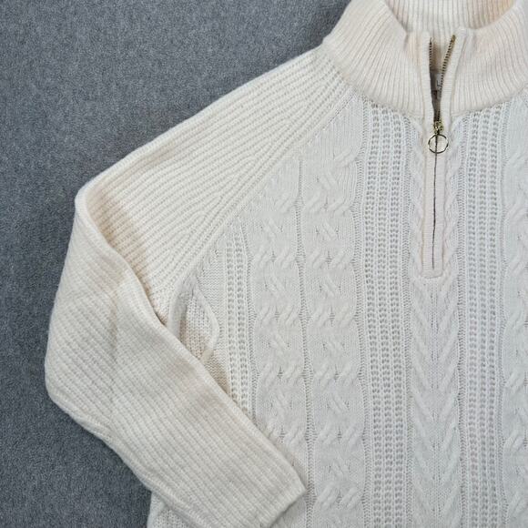 Ann Taylor LOFT Cable Knit Quarter Zip Sweater Women's Medium Winter White Cozy - Picture 3 of 8